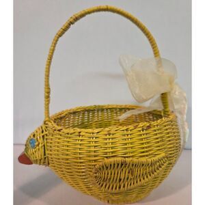 Vintage Wicker Chick Easter Basket Yellow Handled Basket